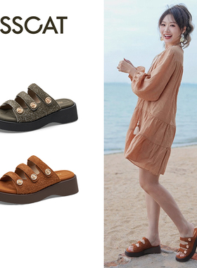 KISS CAT/接吻猫夏季牛反绒沙滩鞋厚底外穿凉拖鞋女KA65310-51