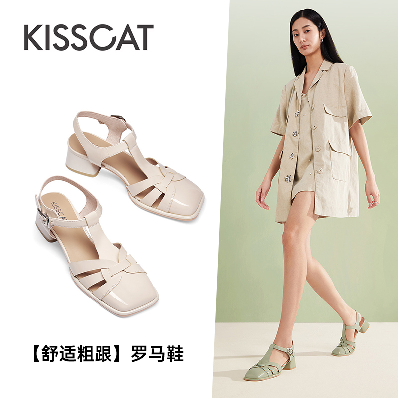 接吻猫牛漆皮粗跟罗马凉鞋