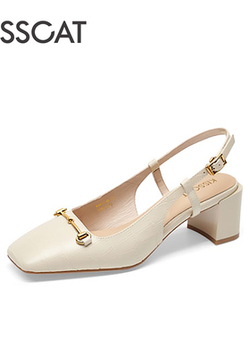 KISCAT/接吻猫春夏牛皮包头凉鞋浅口粗高跟后空单鞋女KA43110-12