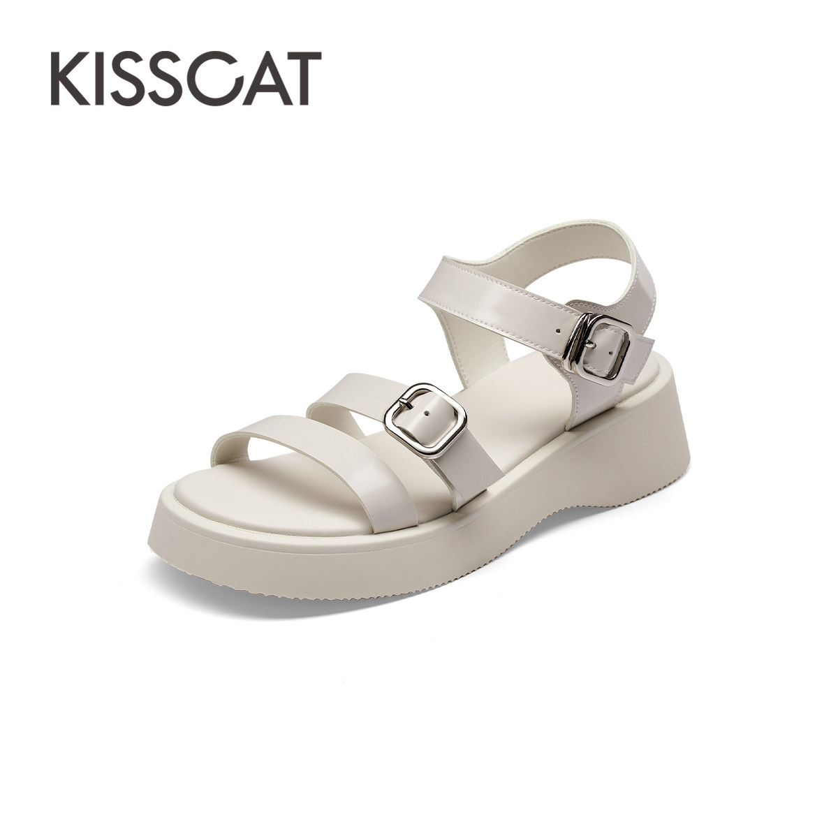 接吻猫羊皮厚底露趾沙滩凉鞋