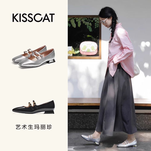 接吻猫春秋牛皮方头玛丽珍鞋