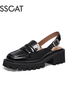 KISS CAT/接吻猫春夏牛皮乐福鞋粗高跟包头后空凉鞋女KA43132-50