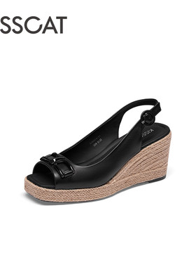 KISS CAT/接吻猫夏季羊皮鱼嘴鞋防水台坡跟后空凉鞋女KA54304-14