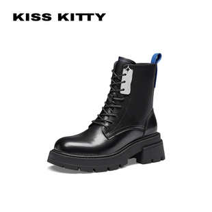 KISSKITTY秋冬新款牛皮英伦风马丁靴圆头粗高跟短靴女SA43545-82