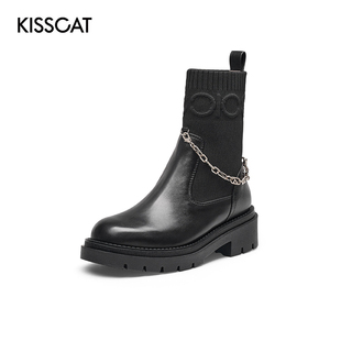 接吻猫秋冬牛皮圆头瘦瘦靴厚底增高短靴女KA32549 KISS CAT