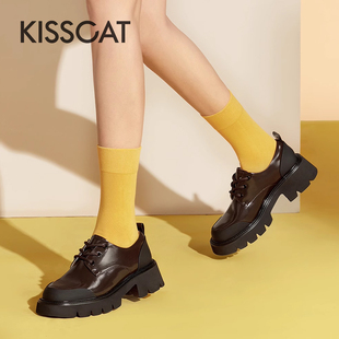 KISS CAT/接吻猫春秋牛皮厚底系带乐福鞋英伦小皮鞋女KA43557-51