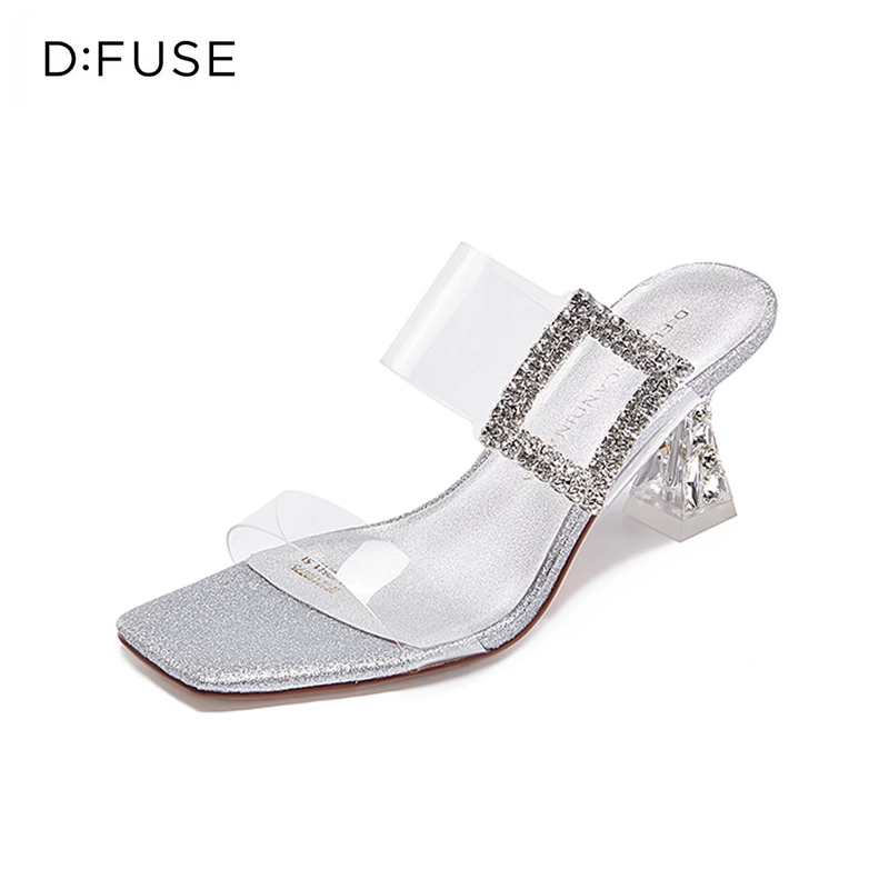 D：Fuse/迪芙斯夏季新款水钻扣一脚蹬露趾高跟凉拖鞋女DF42110775