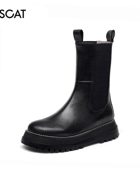 KISS CAT/接吻猫秋冬圆头牛皮拼接厚底中筒切尔西靴女KA10541-51