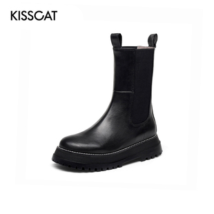 接吻猫秋冬圆头牛皮拼接厚底中筒切尔西靴女KA10541 KISS CAT