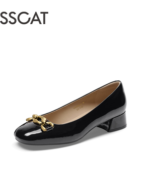 KISS CAT/接吻猫春秋牛漆皮金属扣圆头浅口粗跟单鞋女KA54508-15