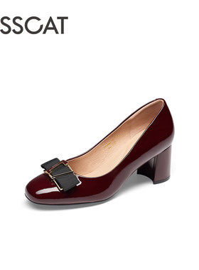 KISS CAT/接吻猫春秋牛漆皮圆头浅口粗高跟通勤单鞋女KA43604-10