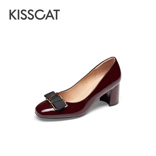女KA43604 接吻猫春秋牛漆皮圆头浅口粗高跟通勤单鞋 CAT KISS