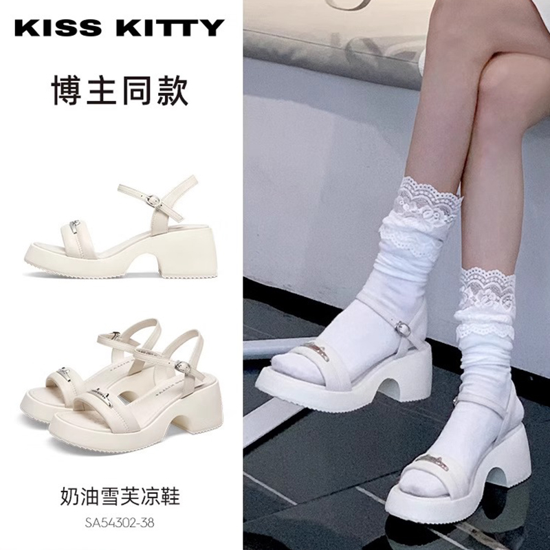 KISSKITTY夏季羊皮休闲凉鞋一字带粗高跟露趾凉鞋女SA54302-38