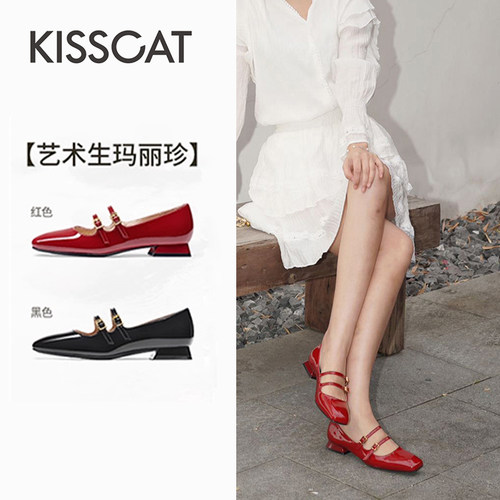 接吻猫法式方头复古玛丽珍单鞋女