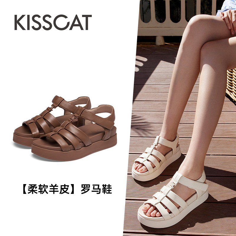 KISS CAT/接吻猫夏季羊皮罗马凉鞋厚底露趾运动凉鞋女KA54305-52