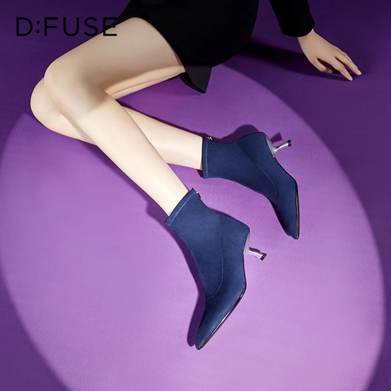 迪芙斯复古后拉链尖头细高跟短靴