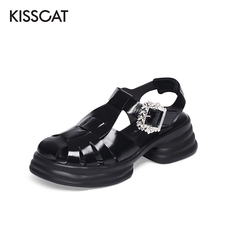 接吻猫牛皮厚底水钻罗马凉鞋