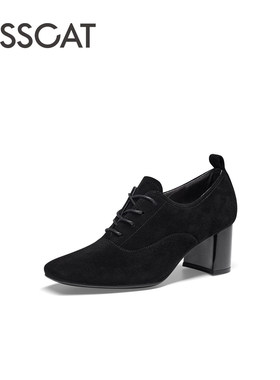 KISS CAT/接吻猫春秋羊皮深口小皮鞋粗高跟系带踝靴女KA43504-13