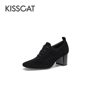 KISS CAT/接吻猫春秋羊皮深口小皮鞋粗高跟系带踝靴女KA43504-13
