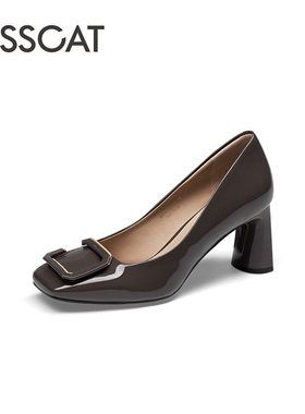 KISS CAT/接吻猫春秋牛漆皮方头浅口粗高跟通勤单鞋女KA53522-12