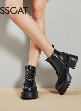 KISS CAT/接吻猫秋冬牛皮马丁靴圆头粗高跟英伦短靴女KA43588-52