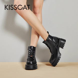 接吻猫秋冬牛皮马丁靴圆头粗高跟英伦短靴女KA43588 KISS CAT
