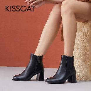 短靴女KA43704 接吻猫秋冬牛皮切尔西靴粗跟套筒时装 CAT KISS