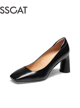 KISS CAT/接吻猫春秋羊皮方头浅口粗高跟通勤单鞋女KA54137-10