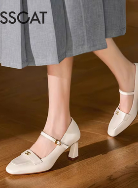 KISS CAT/接吻猫春秋羊皮玛丽珍鞋一字带粗高跟单鞋女KA54120-12