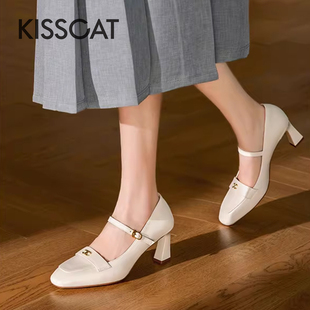 女KA54120 KISS 一字带粗高跟单鞋 接吻猫春秋羊皮玛丽珍鞋 CAT