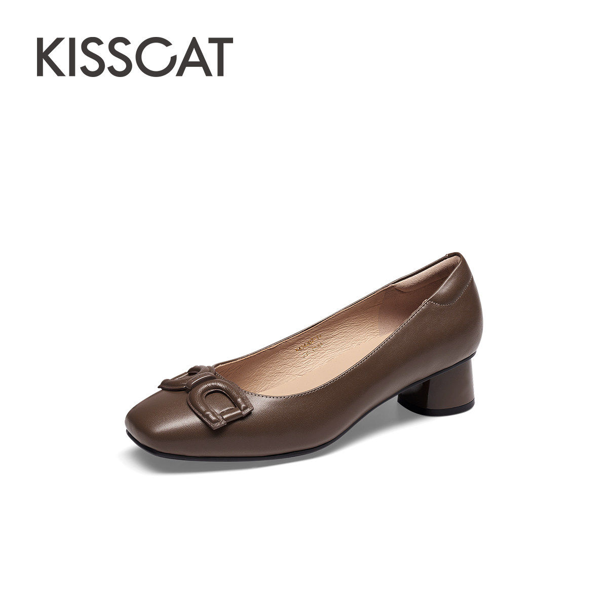 KISS CAT/接吻猫春秋新款羊皮方头浅口粗跟通勤单鞋女KA54202-11