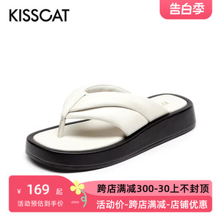 圆头羊皮夹趾增高厚底休闲人字拖鞋 KA21383 接吻猫夏季 KISSCAT