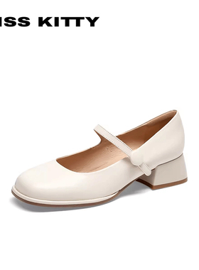 KISSKITTY春秋羊皮玛丽珍鞋方头一字带粗跟浅口单鞋女SA54111-81