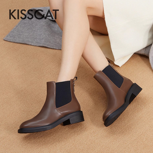 接吻猫秋冬牛皮弹力切尔西短靴厚底烟筒靴女KA43708 KISS CAT