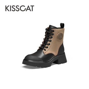 接吻猫秋冬牛皮拼接马丁靴粗高跟户外短靴女KA43548 KISS CAT