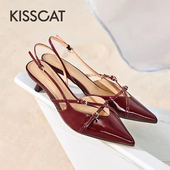 CAT 接吻猫夏季 牛漆皮尖头浅口细高跟包头凉鞋 KISS 女KA54297