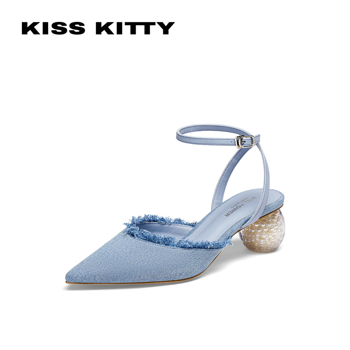 KISSKITTY夏季牛仔蓝高跟时装单鞋珍珠水晶包头凉鞋女SA54113-81