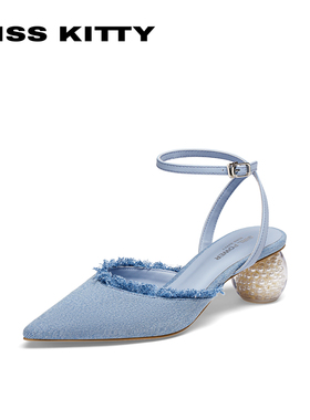 KISSKITTY夏季牛仔蓝高跟时装单鞋珍珠水晶包头凉鞋女SA54113-81