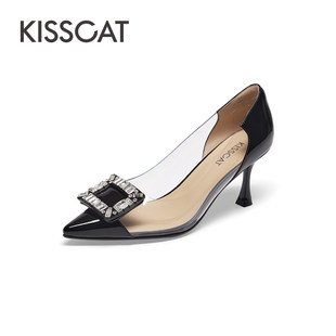KISS CAT/接吻猫春秋牛皮拼接尖头水钻扣细高跟单鞋女KA43172-10