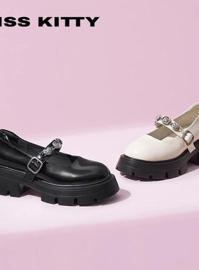 KISSKITTY春秋牛皮厚底增高复古一字扣玛丽珍单鞋女SA65112-37