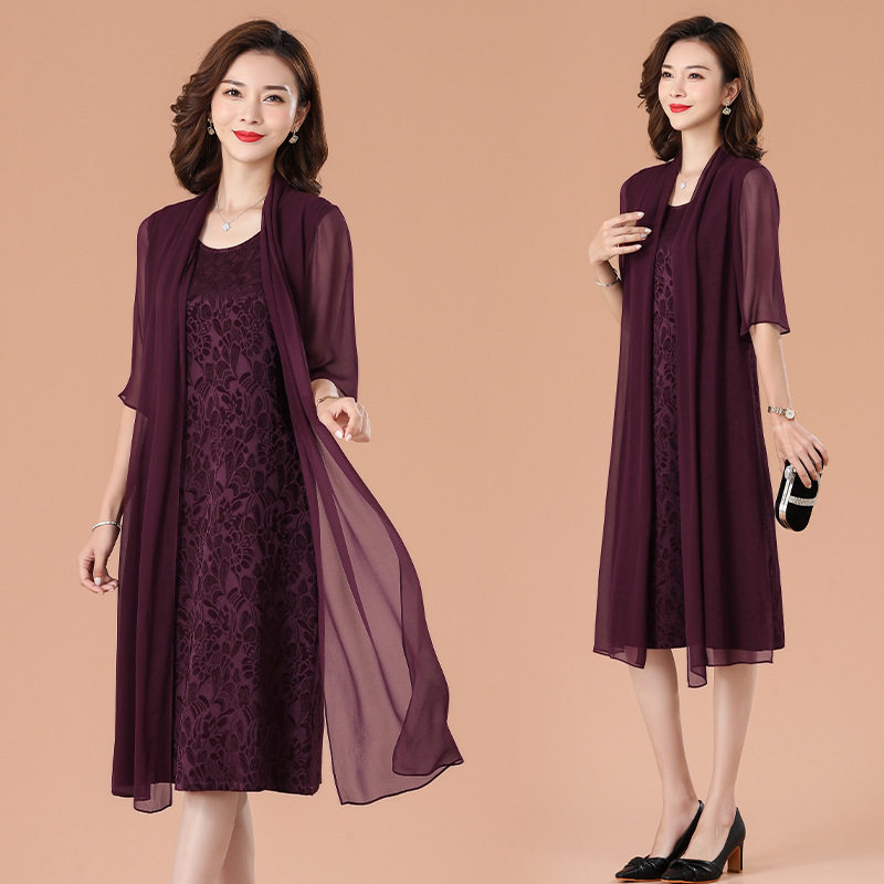 高端杭州桑蚕丝真丝假两件连衣裙夏大码夏酒红婚庆妈妈装日常可穿