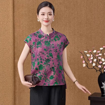 四经绞罗香云纱真丝上衣女夏短袖提花高贵桑蚕丝中式国风妈妈衬衫