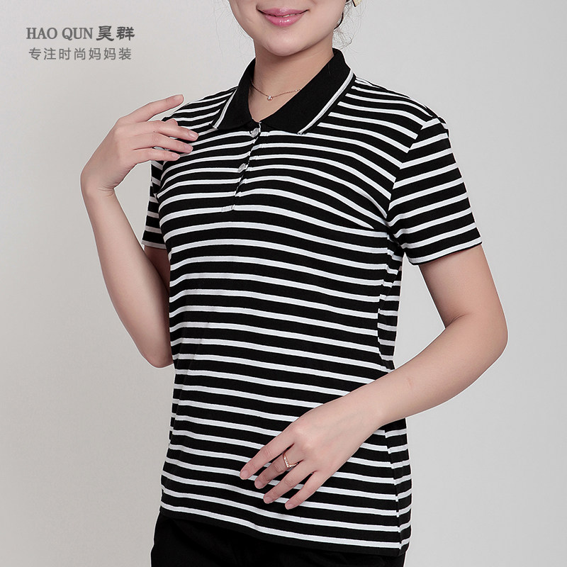 妈妈装短袖t恤2022夏装女polo衫中老年纯棉短袖运动衫女条纹休闲