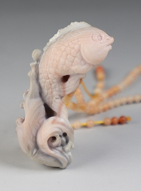 [原创]粉玛瑙鲤鱼跃龙门手工雕刻挂件樱桃石细链女款吊坠楼叔孤品