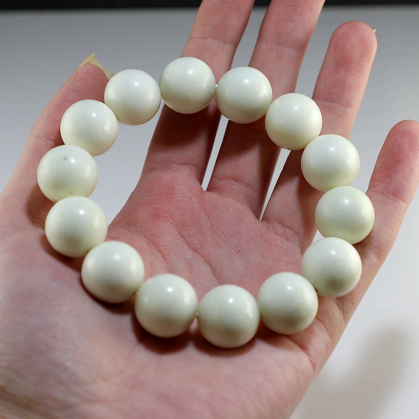 【微瑕】河磨玉瓷白圆珠手链 卡16男款手串 微带草花 楼叔孤品