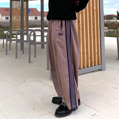 Needles straight蝴蝶刺绣紫红肥大宽松街舞hiphop复古运动裤男女