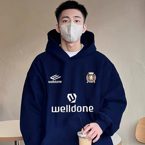 WE11DONE TRACK美式潮牌WELLDONE印花秋冬加绒宽松情侣连帽卫衣男