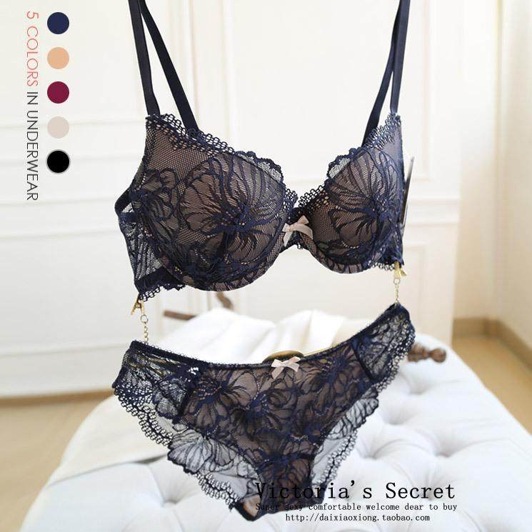 新欧美深V性感文胸套装女士蕾丝花朵上薄下厚文胸大码内衣聚拢胸