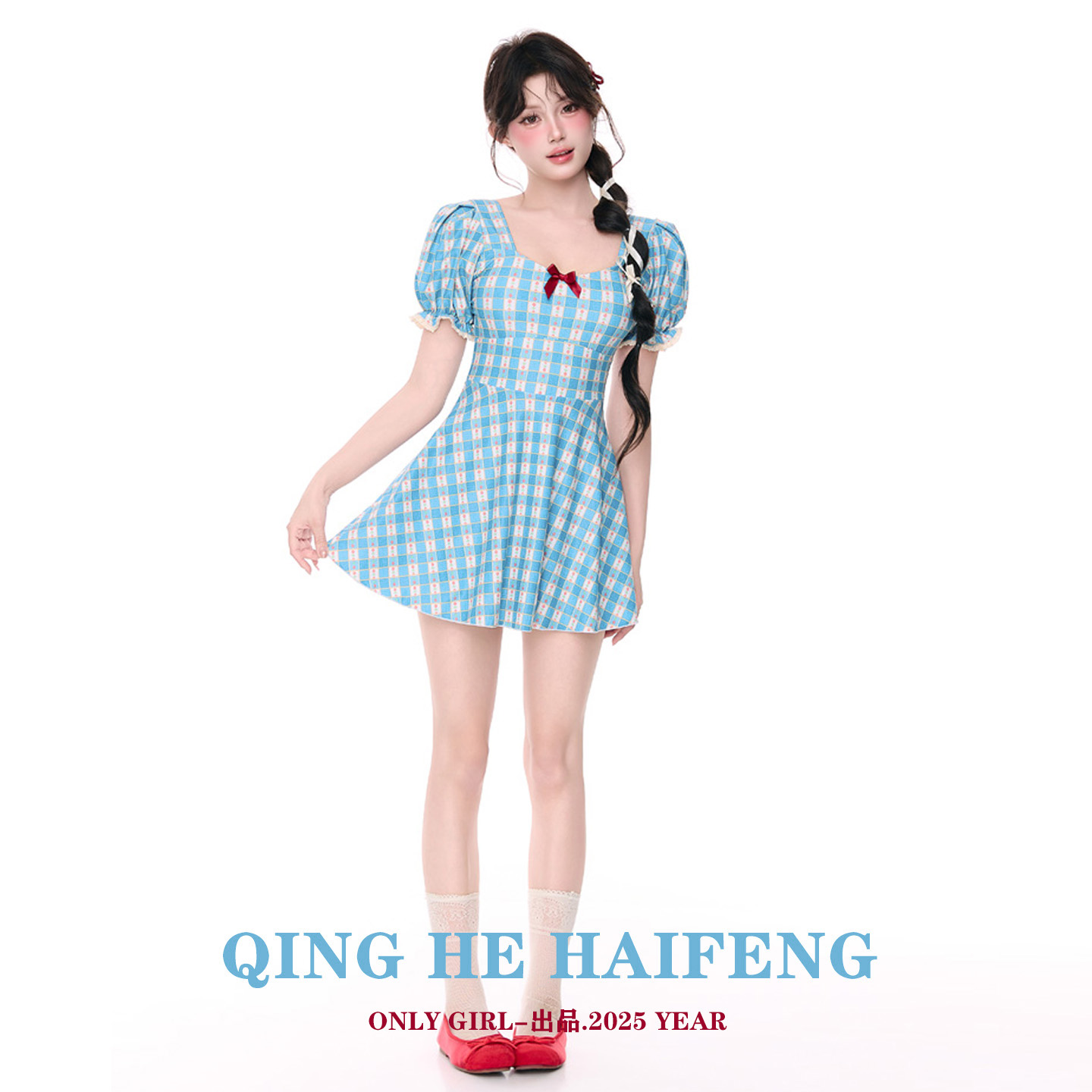 ONLY GIRL泳衣女法式甜美风格子泡泡袖连体裙式收腰显瘦少女学生