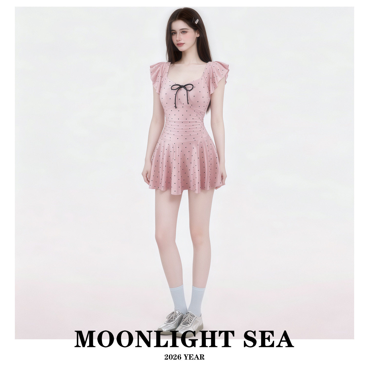 MOONLIGHTSEA泳衣女新款连体甜美粉色飞袖波点裙式显瘦遮肚温泉